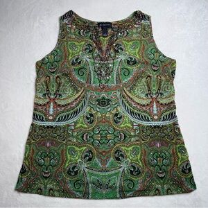 NWT International Concepts Green Pink Paisley Tank Top Beaded Neckline Size 1X